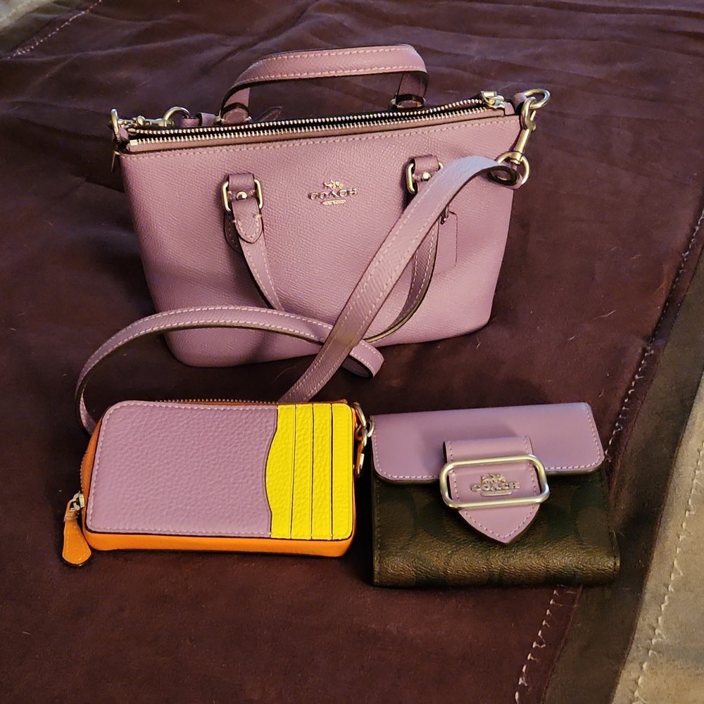 Purple coach crossbody, purple and brown walletand multi color card holder/coin